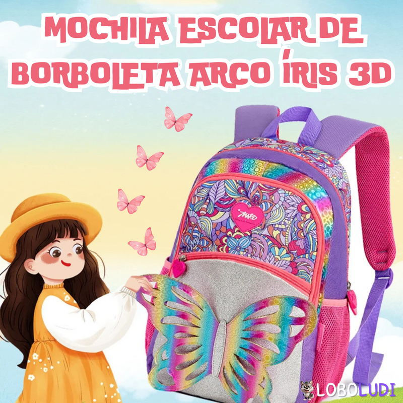 Mochila Escolar de Borboleta Arco Íris 3D loboludi