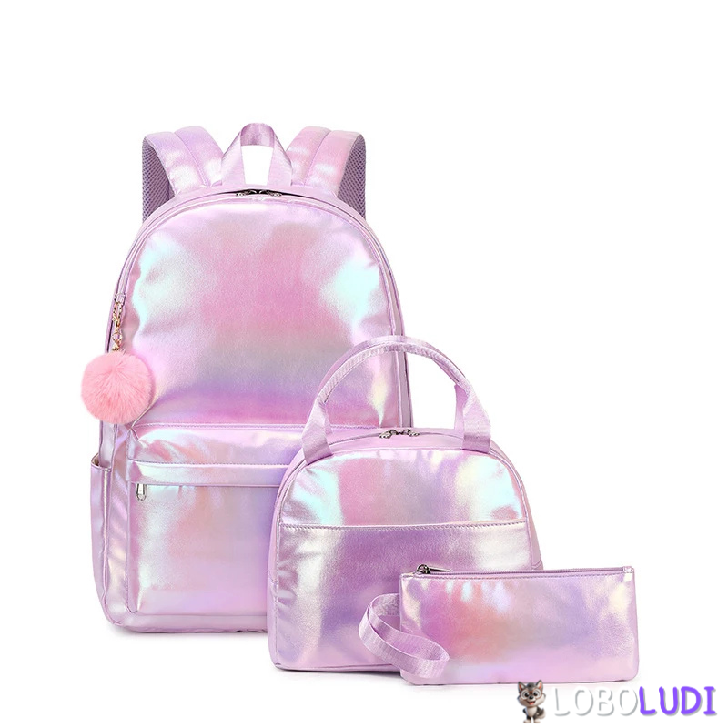 Conjunto 3pcs Mochila Escolar Para Meninas Holográfico Loboludi