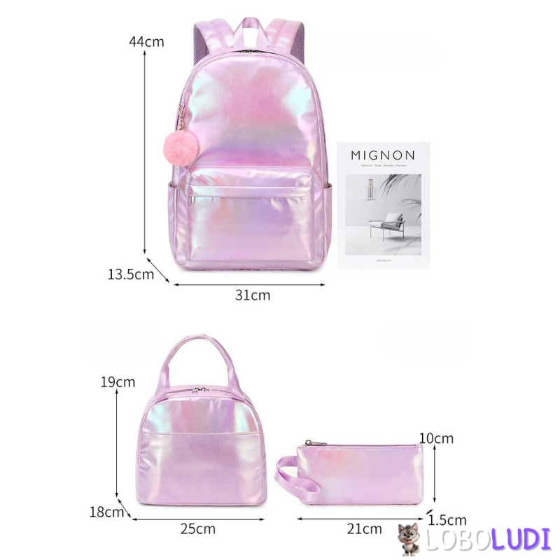 Conjunto 3pcs Mochila Escolar Para Meninas Holográfico Loboludi